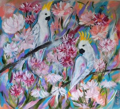 Serenity in Bloom: Two Cockatoos Amidst Pink Pastels - Julia Jones Art