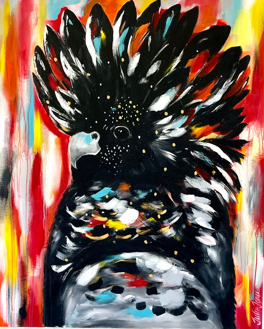 Birds - Black Cockatoo Amidst a Kaleidoscope of Colors