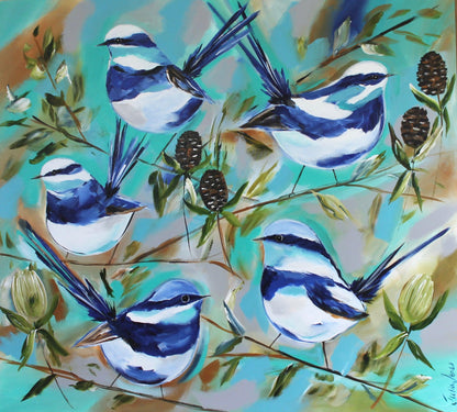 Blue Wren Symphony: Vibrant Native Australian Bird Artwork - 1.1x1m - Julia Jones Art