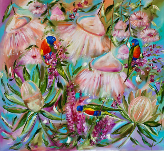 Trio of Lorikeets Amidst Pastel Blossoms - 1.1x1