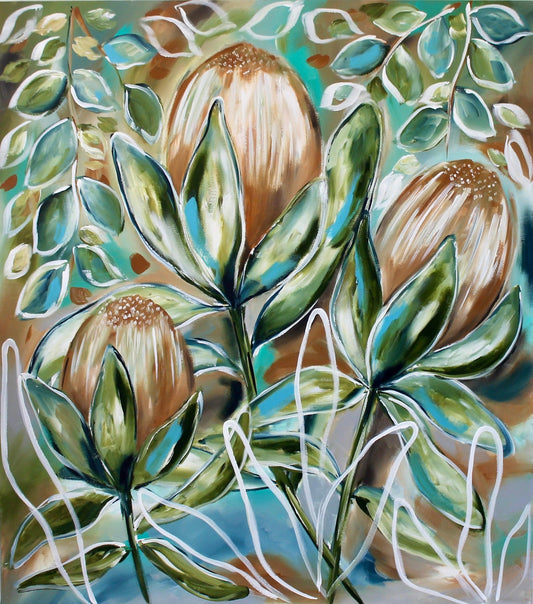 Wild Elegance: Bold Proteas in Earthy Tones - 1.1x1m - Julia Jones Art