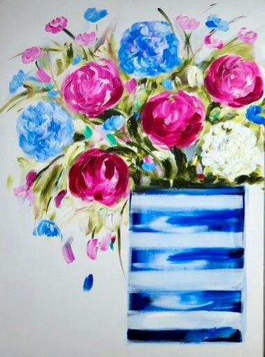 Blooming Harmony: Trio of Striped Blue Pots - Julia Jones Art