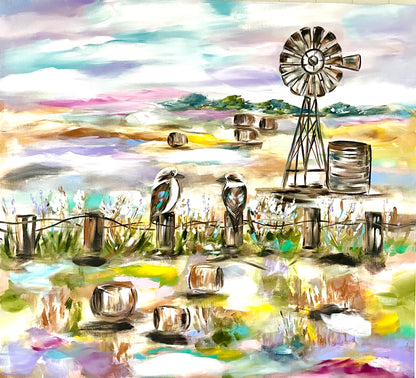 Country - Whispers of the Windmill: Kookaburras at Dawn - Julia Jones Art