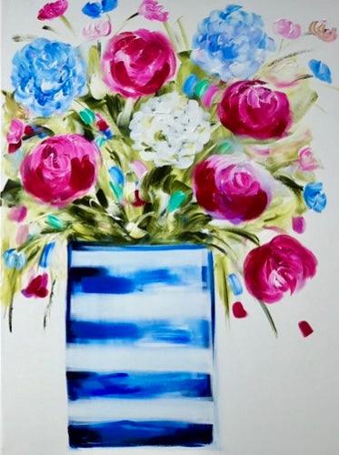 Blooming Harmony: Trio of Striped Blue Pots - Julia Jones Art