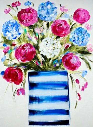 Blooming Harmony: Trio of Striped Blue Pots - Julia Jones Art