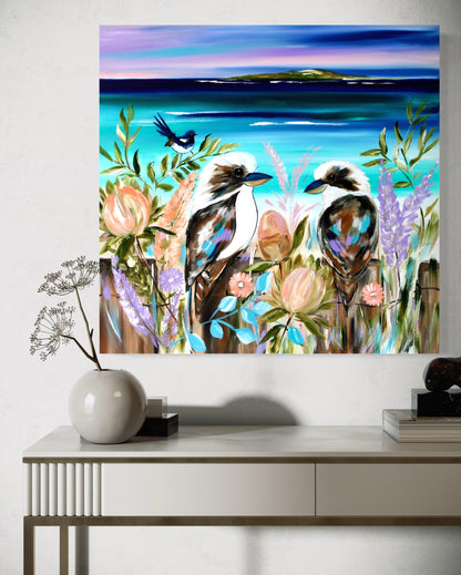 Kookaburras by the Coast: A Serene Australian Landscape - 900x900 - Julia Jones Art