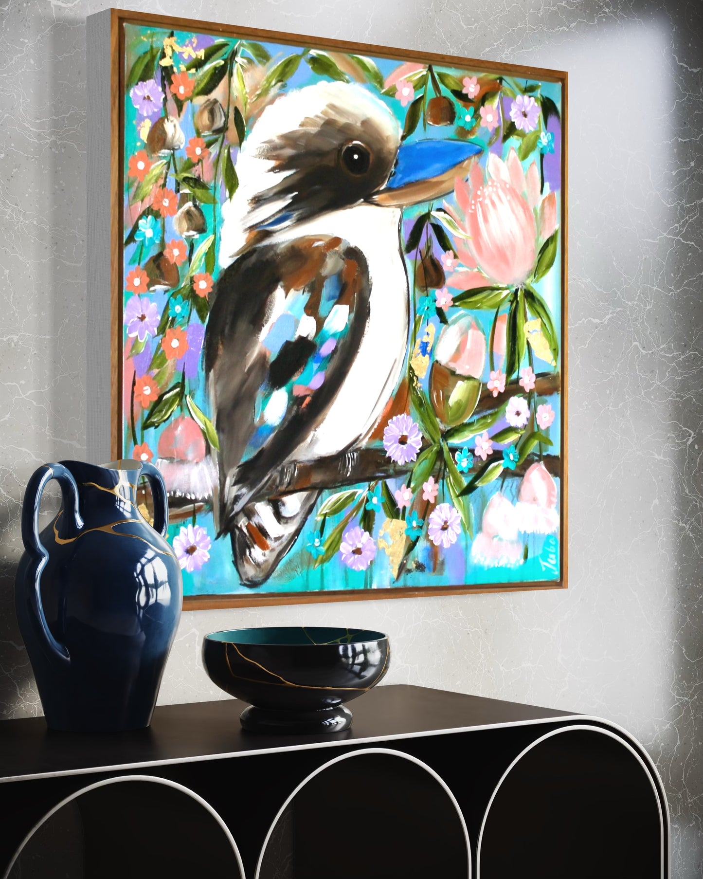 Blossom & Laughter – Kookaburra in Bloom  - 65 x 65cm