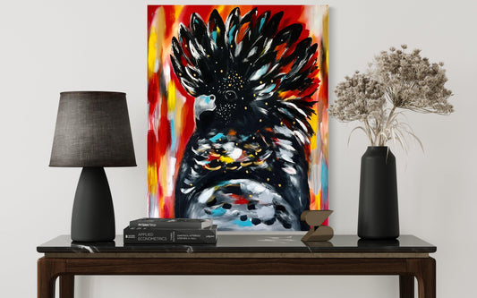 Birds - Black Cockatoo Amidst a Kaleidoscope of Colors - Julia Jones Art