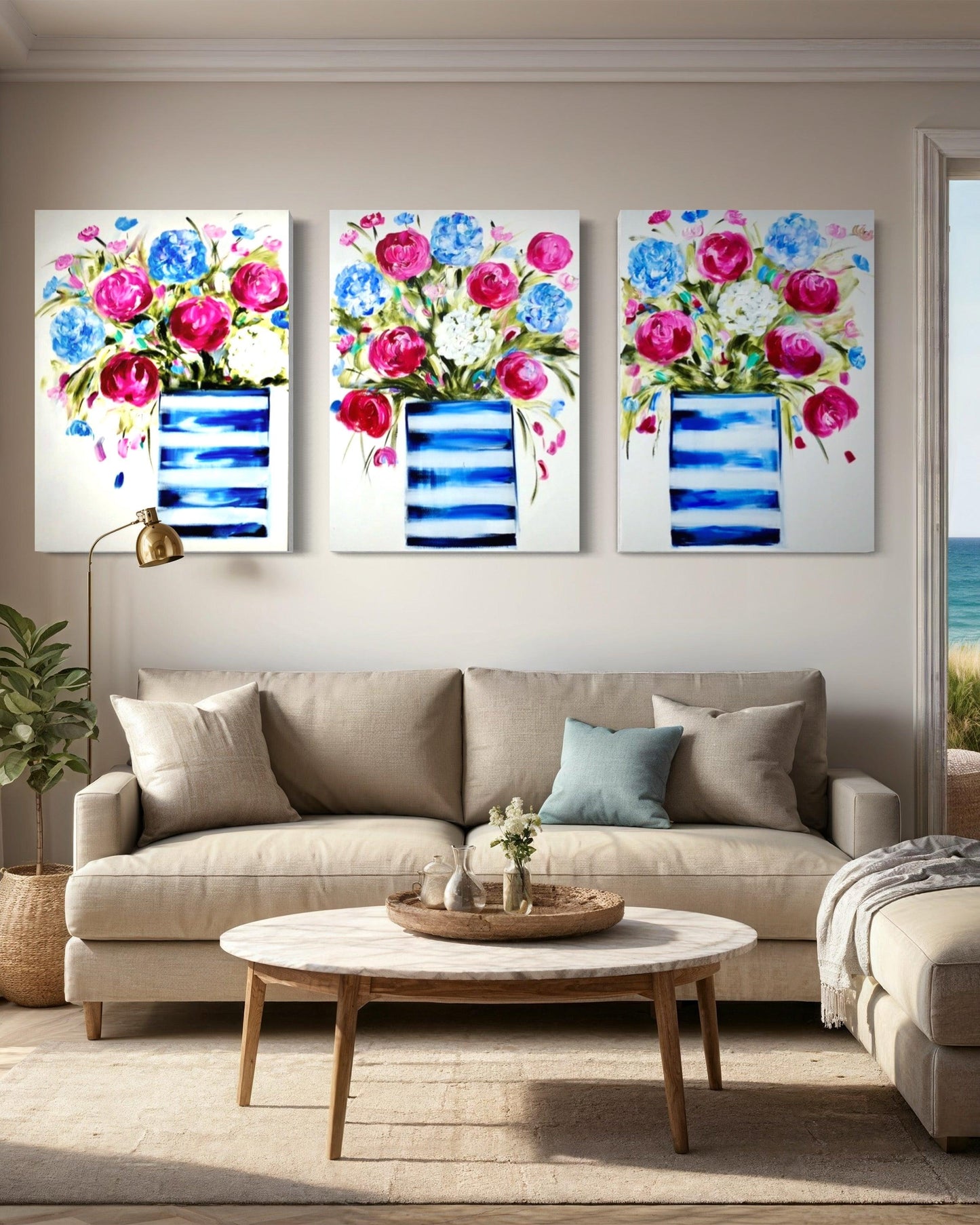 Blooming Harmony: Trio of Striped Blue Pots - Julia Jones Art