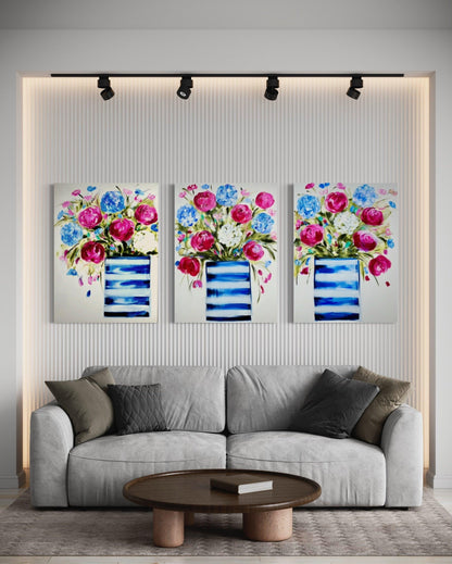 Blooming Harmony: Trio of Striped Blue Pots - Julia Jones Art