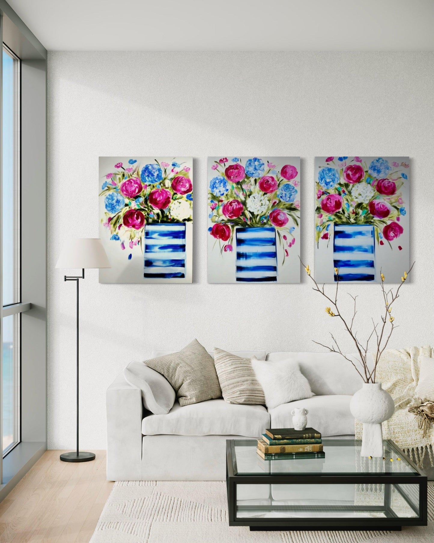 Blooming Harmony: Trio of Striped Blue Pots - Julia Jones Art