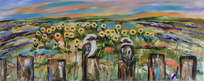 A Country Serenity: Kookaburra Duo amidst Sunflowers and Lavender Fields - Julia Jones Art