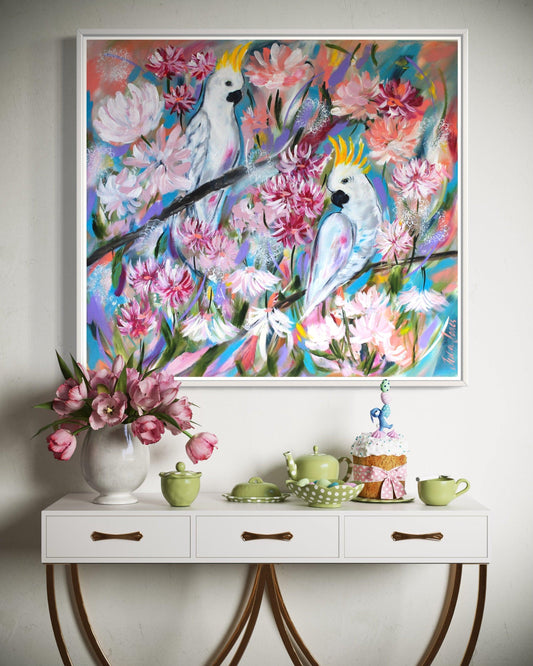 Serenity in Bloom: Two Cockatoos Amidst Pink Pastels - Julia Jones Art